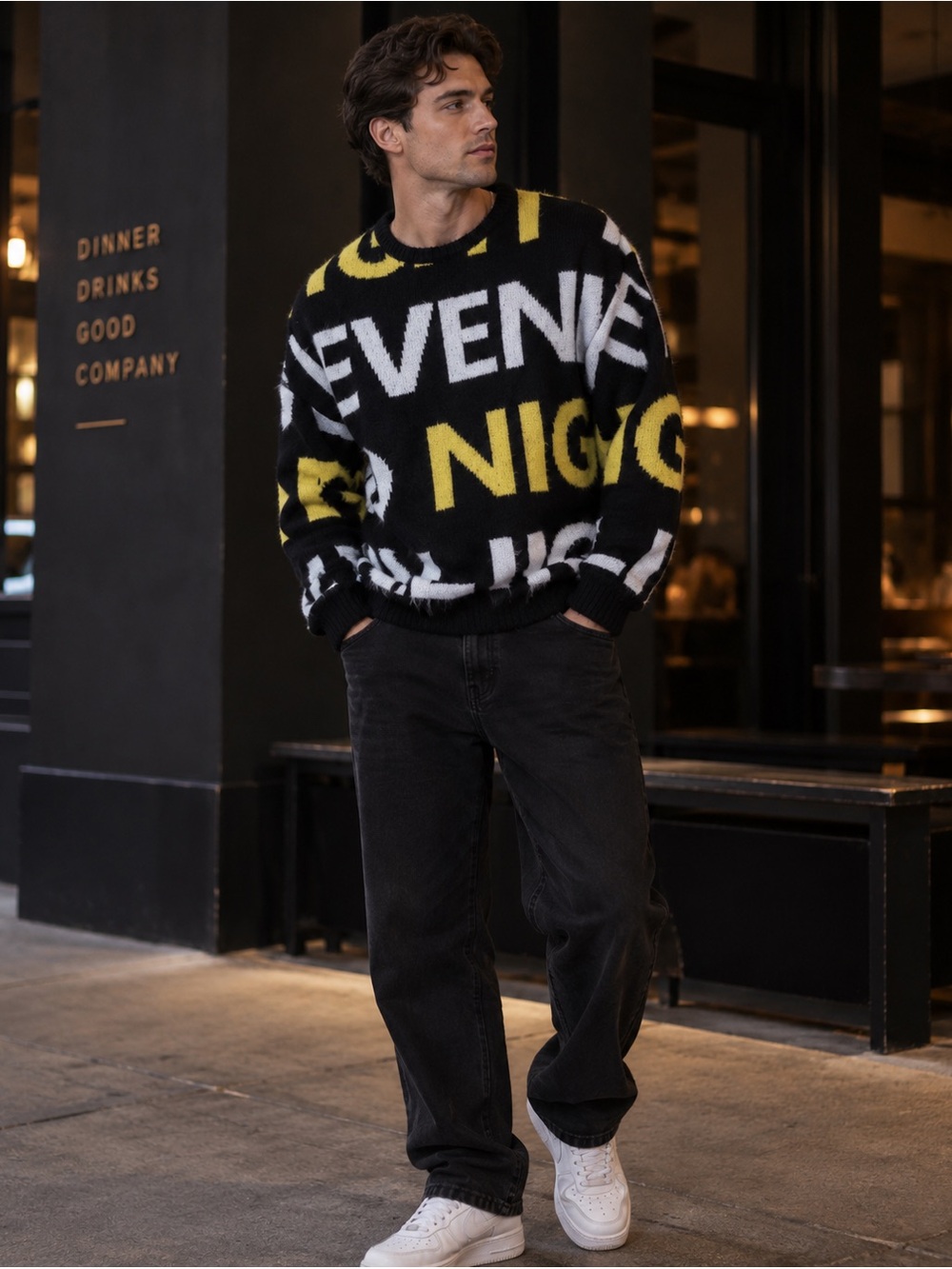 ASOS DESIGN Black Graphic Knit Sweater Black White Yellow Sz M